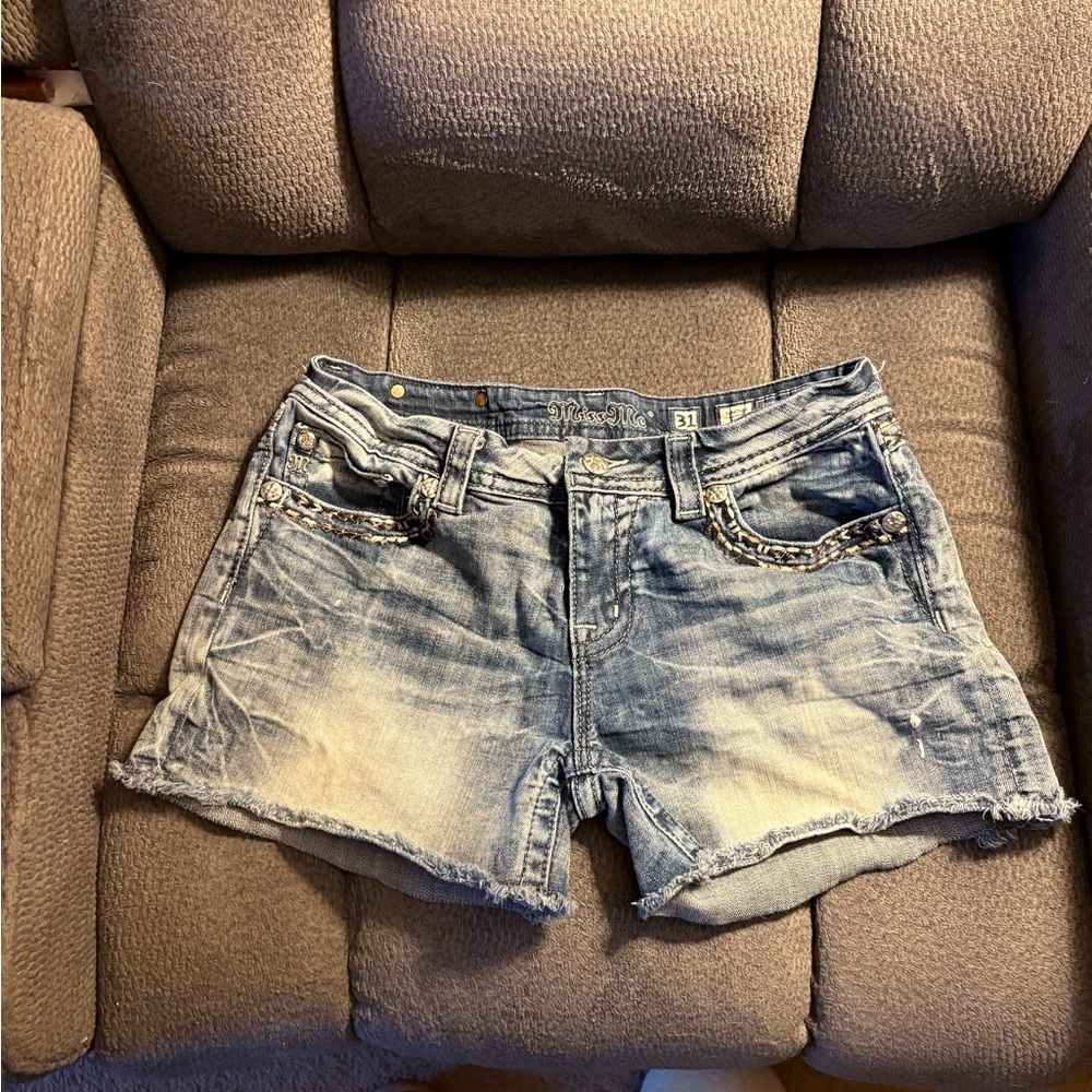 Miss Me Blue Jean Shorts with Distressed Details